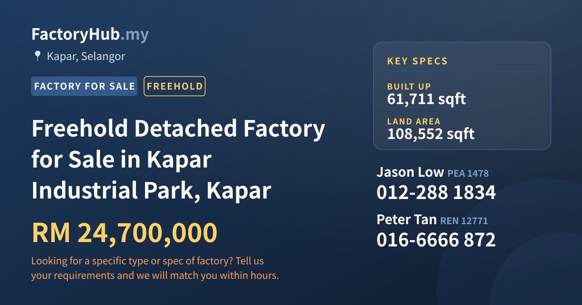 Factory For Sale - Freehold Detached Factory for Sale in Kapar Industrial Park, Kapar - Kapar, Selangor