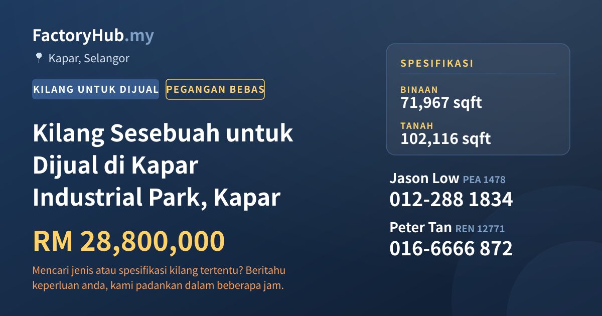 Kilang Untuk Dijual - Kilang Sesebuah untuk Dijual di Kapar Industrial Park, Kapar - Kapar, Selangor