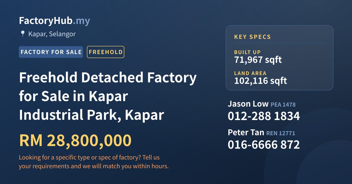 Factory For Sale - Freehold Detached Factory for Sale in Kapar Industrial Park, Kapar - Kapar, Selangor