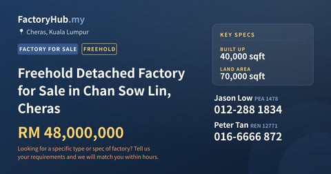 Factory For Sale - Freehold Detached Factory for Sale in Chan Sow Lin, Cheras - Cheras, Kuala Lumpur