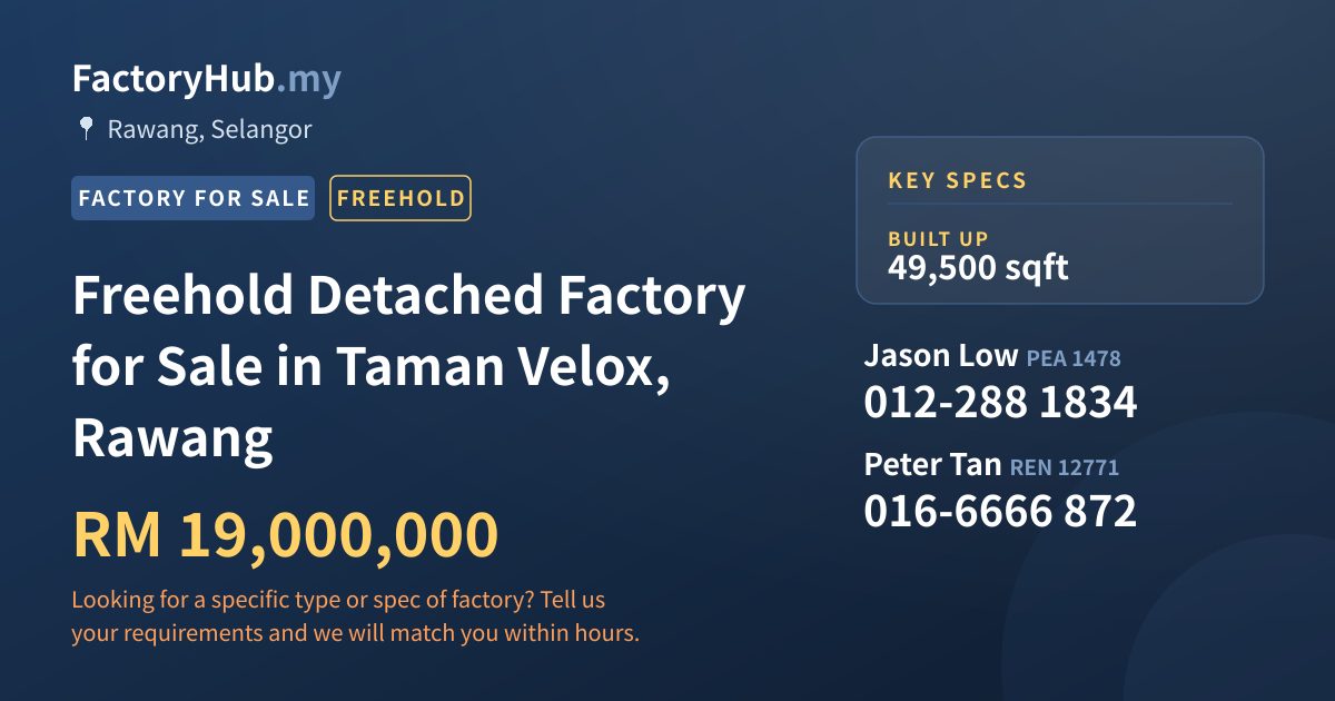 Factory For Sale - Freehold Detached Factory for Sale in Taman Velox, Rawang - Rawang, Selangor
