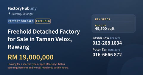 Factory For Sale - Freehold Detached Factory for Sale in Taman Velox, Rawang - Rawang, Selangor