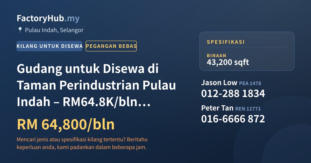 Kilang Untuk Disewa - Gudang untuk Disewa di Taman Perindustrian Pulau Indah – RM64.8K/bln 43200kp - Pulau Indah, Selangor