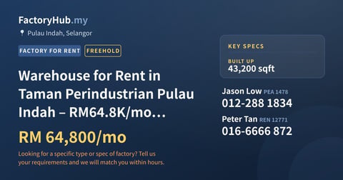 Factory For Rent - Warehouse for Rent in Taman Perindustrian Pulau Indah – RM64.8K/mo 43200sf - Pulau Indah, Selangor