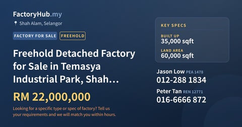 Factory For Sale - Freehold Detached Factory for Sale in Temasya Industrial Park, Shah Alam - Shah Alam, Selangor