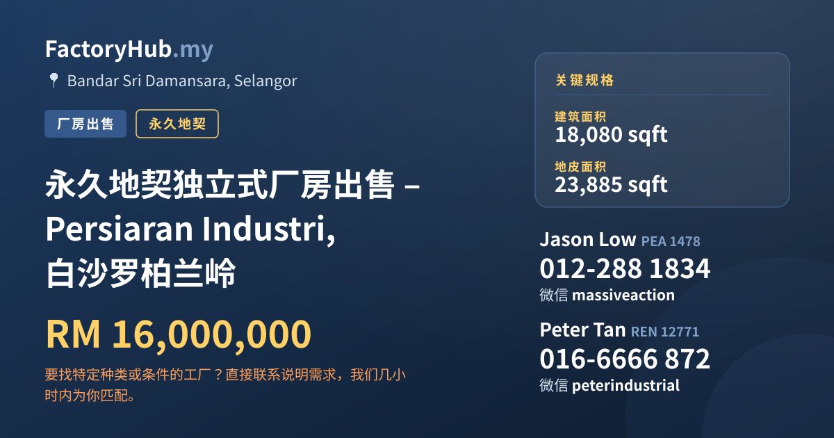 工厂 出售 - 永久地契独立式厂房出售 – Persiaran Industri, 白沙罗柏兰岭 - Bandar Sri Damansara, Selangor