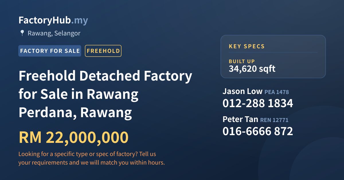 Factory For Sale - Freehold Detached Factory for Sale in Rawang Perdana, Rawang - Rawang, Selangor
