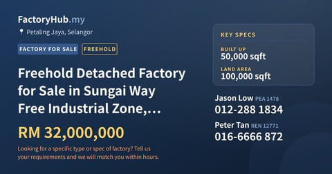 Factory For Sale - Freehold Detached Factory for Sale in Sungai Way Free Industrial Zone, Petaling Jaya - Petaling Jaya, Selangor