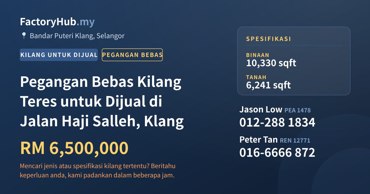 Kilang Untuk Dijual - Pegangan Bebas Kilang Teres untuk Dijual di Jalan Haji Salleh, Klang - Bandar Puteri Klang, Selangor