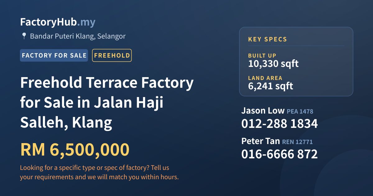 Factory For Sale - Freehold Terrace Factory for Sale in Jalan Haji Salleh, Klang - Bandar Puteri Klang, Selangor