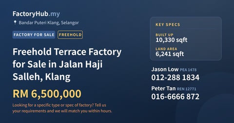 Factory For Sale - Freehold Terrace Factory for Sale in Jalan Haji Salleh, Klang - Bandar Puteri Klang, Selangor