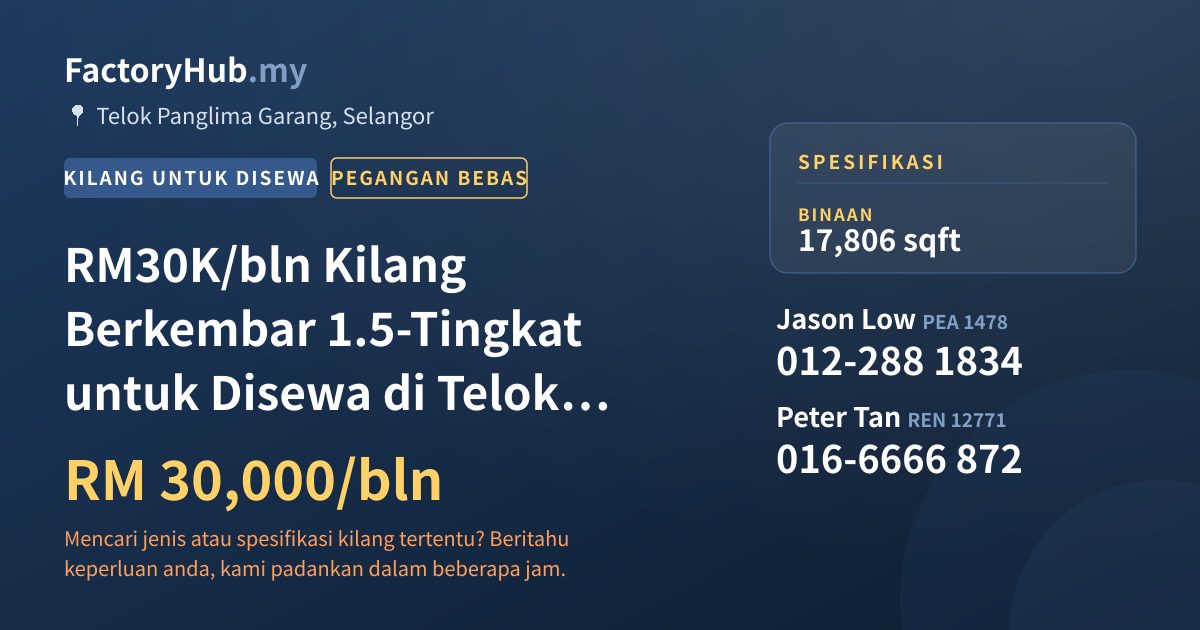 Kilang Untuk Disewa - RM30K/bln Kilang Berkembar 1.5-Tingkat untuk Disewa di Telok Panglima Garang – 17806kp - Telok Panglima Garang, Selangor