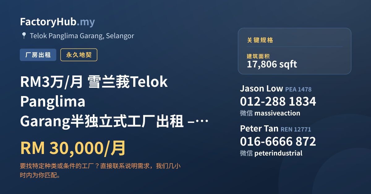 工厂 出租 - RM3万/月 雪兰莪Telok Panglima Garang半独立式工厂出租 – 17806呎 - Telok Panglima Garang, Selangor