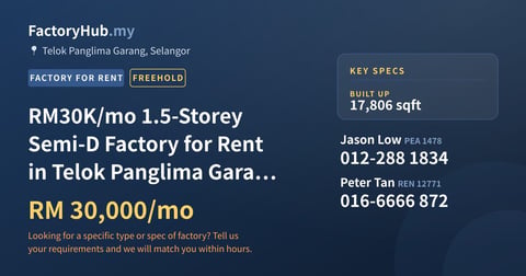 Factory For Rent - RM30K/mo 1.5-Storey Semi-D Factory for Rent in Telok Panglima Garang – 17806sf - Telok Panglima Garang, Selangor