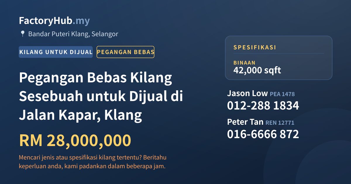 Kilang Untuk Dijual - Pegangan Bebas Kilang Sesebuah untuk Dijual di Jalan Kapar, Klang - Bandar Puteri Klang, Selangor