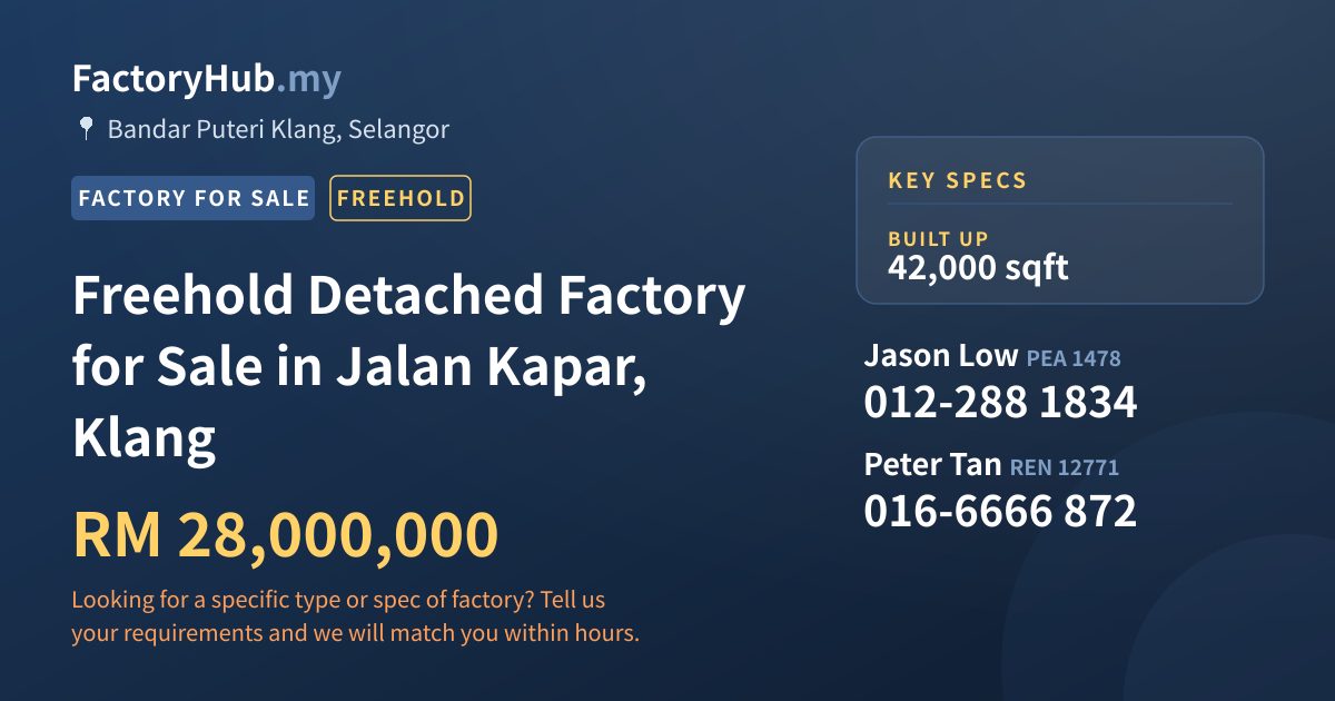 Factory For Sale - Freehold Detached Factory for Sale in Jalan Kapar, Klang - Bandar Puteri Klang, Selangor