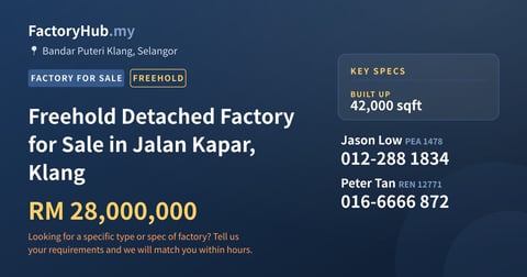 Factory For Sale - Freehold Detached Factory for Sale in Jalan Kapar, Klang - Bandar Puteri Klang, Selangor
