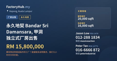 工厂 出售 - 永久地契 Bandar Sri Damansara, 甲洞 独立式厂房出售 - Kepong, Kuala Lumpur