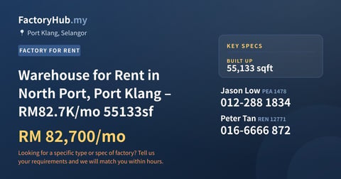 Factory For Rent - Warehouse for Rent in North Port, Port Klang – RM82.7K/mo 55133sf - Port Klang, Selangor