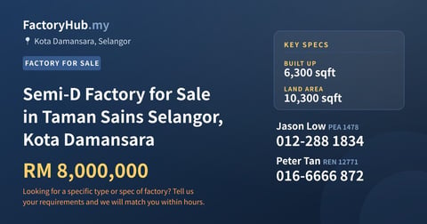 Factory For Sale - Semi-D Factory for Sale in Taman Sains Selangor, Kota Damansara - Kota Damansara, Selangor