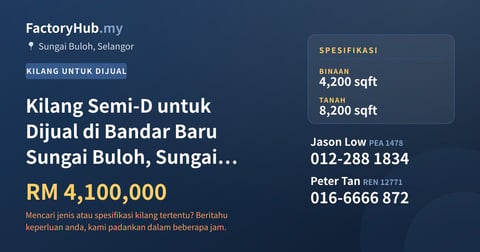 Kilang Untuk Dijual - Kilang Semi-D untuk Dijual di Bandar Baru Sungai Buloh, Sungai Buloh - Sungai Buloh, Selangor