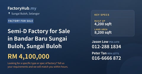 Factory For Sale - Semi-D Factory for Sale in Bandar Baru Sungai Buloh, Sungai Buloh - Sungai Buloh, Selangor