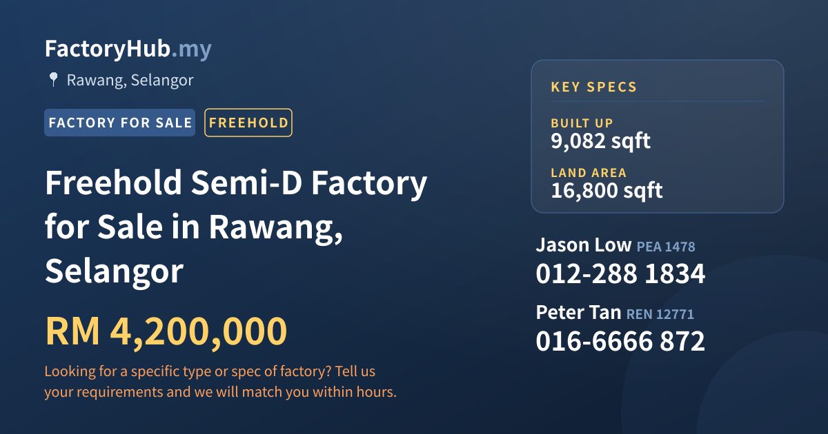 Factory For Sale - Freehold Semi-D Factory for Sale in Rawang, Selangor - Rawang, Selangor