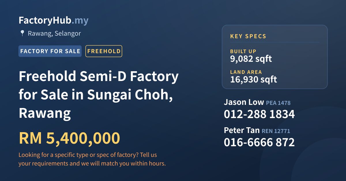 Factory For Sale - Freehold Semi-D Factory for Sale in Sungai Choh, Rawang - Rawang, Selangor