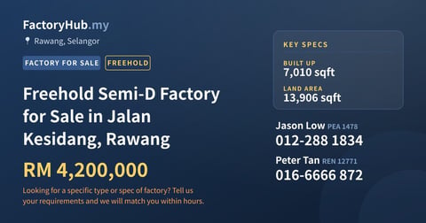 Factory For Sale - Freehold Semi-D Factory for Sale in Jalan Kesidang, Rawang - Rawang, Selangor