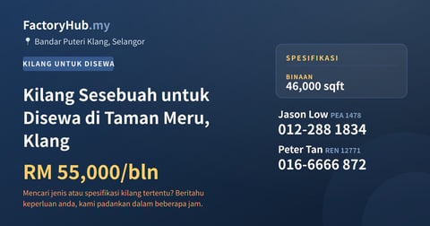 Kilang Untuk Disewa - Kilang Sesebuah untuk Disewa di Taman Meru, Klang - Bandar Puteri Klang, Selangor