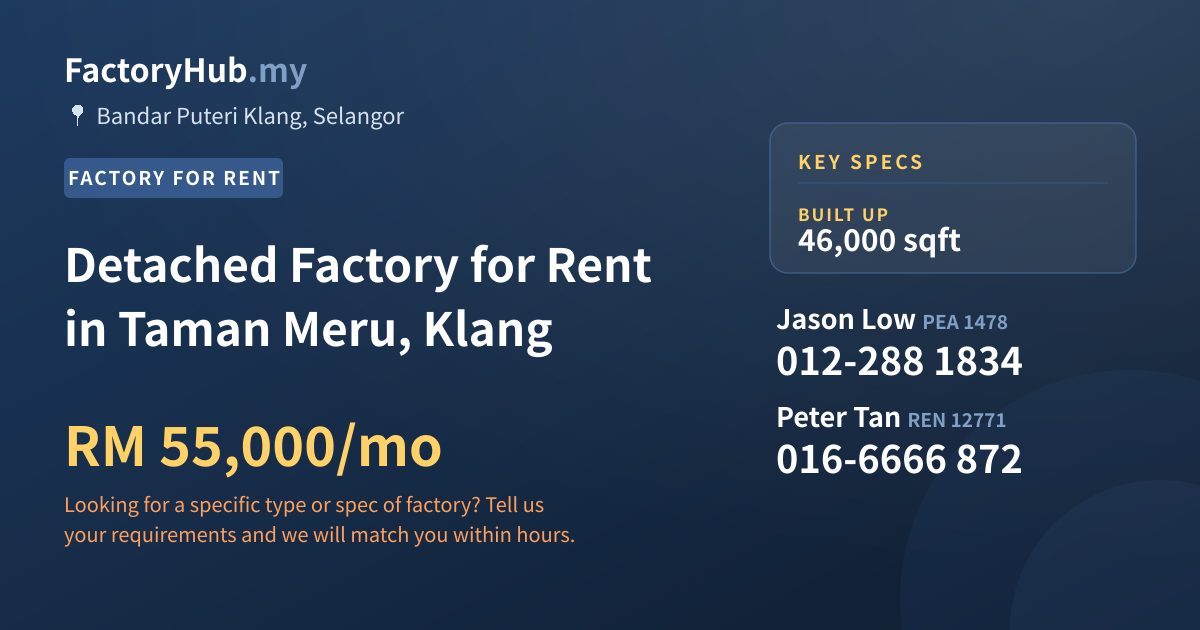 Factory For Rent - Detached Factory for Rent in Taman Meru, Klang - Bandar Puteri Klang, Selangor
