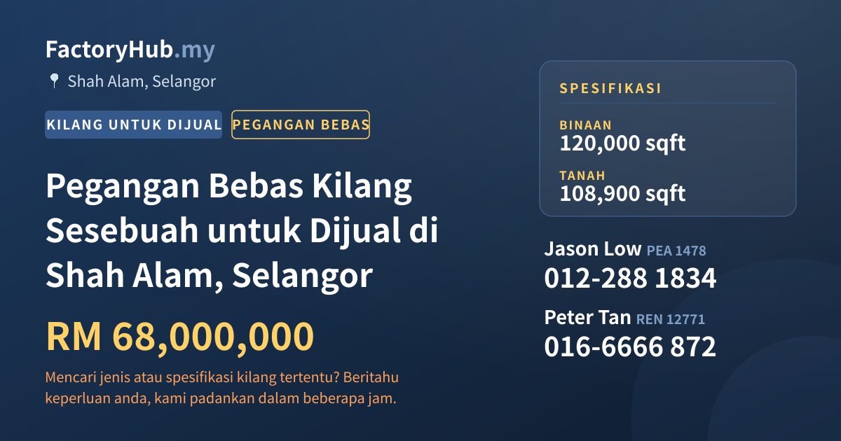 Kilang Untuk Dijual - Pegangan Bebas Kilang Sesebuah untuk Dijual di Shah Alam, Selangor - Shah Alam, Selangor
