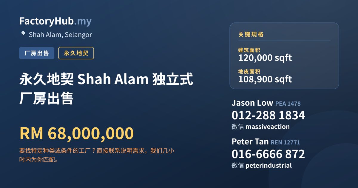 工厂 出售 - 永久地契 Shah Alam 独立式厂房出售 - Shah Alam, Selangor