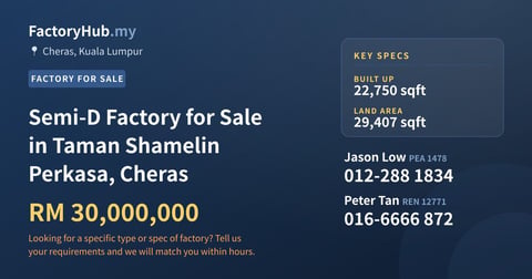 Factory For Sale - Semi-D Factory for Sale in Taman Shamelin Perkasa, Cheras - Cheras, Kuala Lumpur