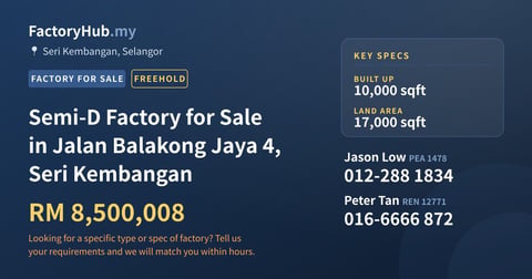 Factory For Sale - Semi-D Factory for Sale in Jalan Balakong Jaya 4, Seri Kembangan - Seri Kembangan, Selangor