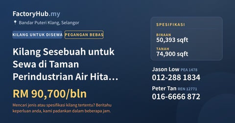 Kilang Untuk Disewa - Kilang Sesebuah untuk Sewa di Taman Perindustrian Air Hitam, Klang - Bandar Puteri Klang, Selangor