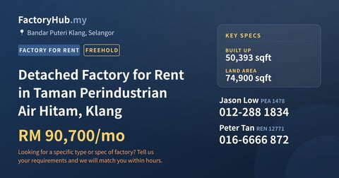 Factory For Rent - Detached Factory for Rent in Taman Perindustrian Air Hitam, Klang - Bandar Puteri Klang, Selangor