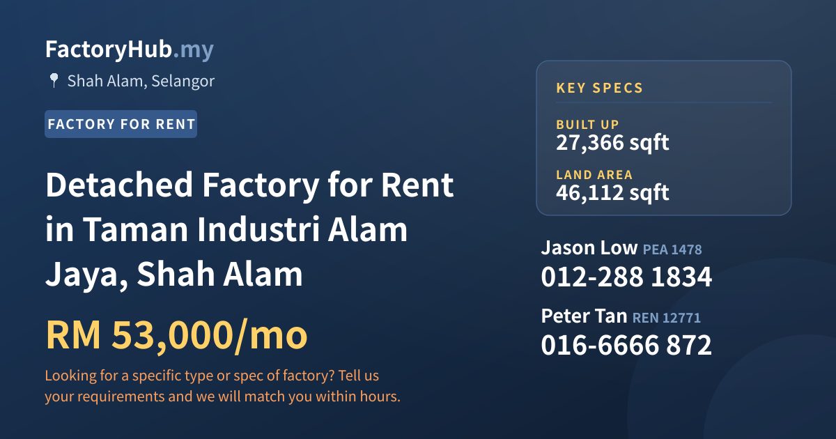 Factory For Rent - Detached Factory for Rent in Taman Industri Alam Jaya, Shah Alam - Shah Alam, Selangor