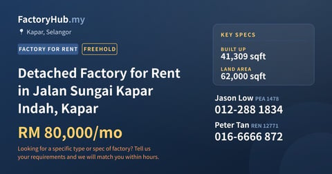 Factory For Rent - Detached Factory for Rent in Jalan Sungai Kapar Indah, Kapar - Kapar, Selangor