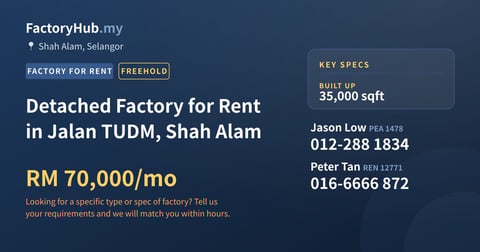 Factory For Rent - Detached Factory for Rent in Jalan TUDM, Shah Alam - Shah Alam, Selangor