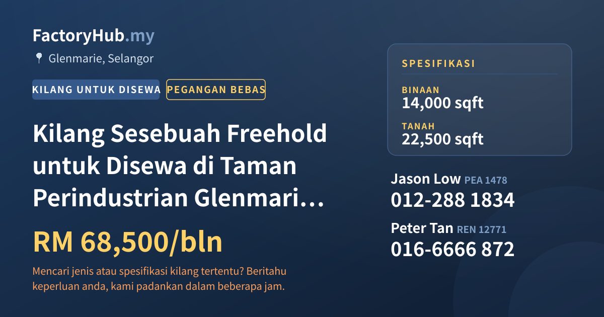 Kilang Untuk Disewa - Kilang Sesebuah Freehold untuk Disewa di Taman Perindustrian Glenmarie, Selangor - Glenmarie, Selangor