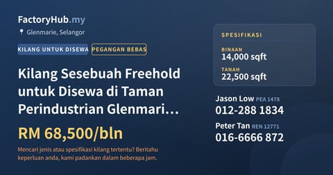 Kilang Untuk Disewa - Kilang Sesebuah Freehold untuk Disewa di Taman Perindustrian Glenmarie, Selangor - Glenmarie, Selangor