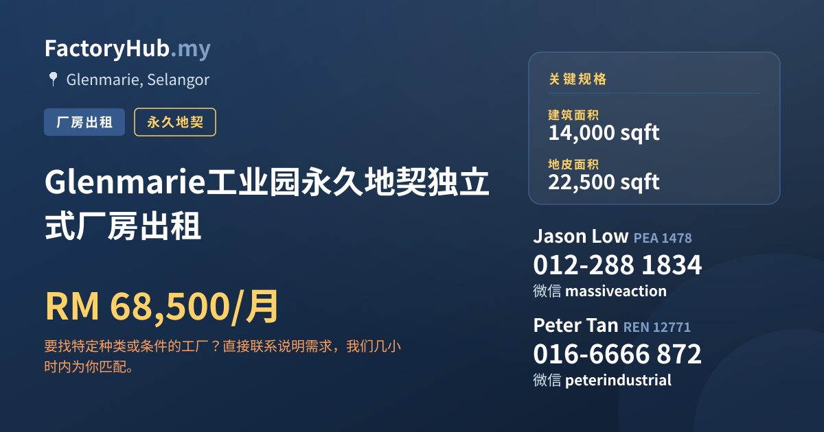 工厂 出租 - Glenmarie工业园永久地契独立式厂房出租 - Glenmarie, Selangor