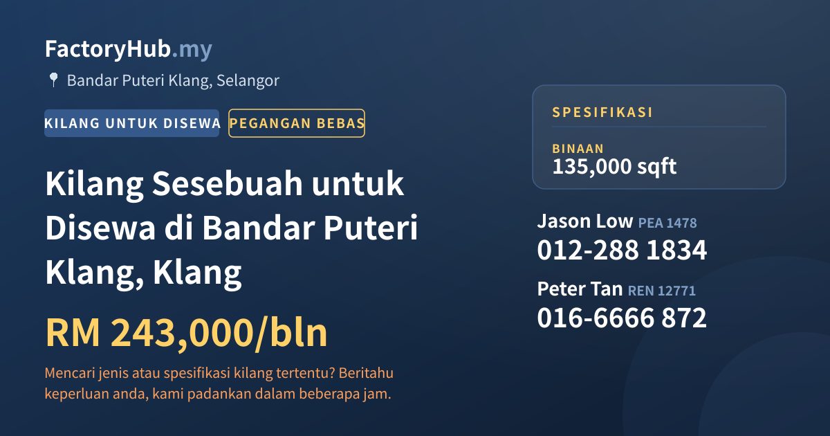 Kilang Untuk Disewa - Kilang Sesebuah untuk Disewa di Bandar Puteri Klang, Klang - Bandar Puteri Klang, Selangor
