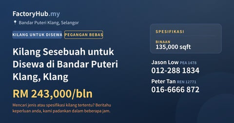 Kilang Untuk Disewa - Kilang Sesebuah untuk Disewa di Bandar Puteri Klang, Klang - Bandar Puteri Klang, Selangor