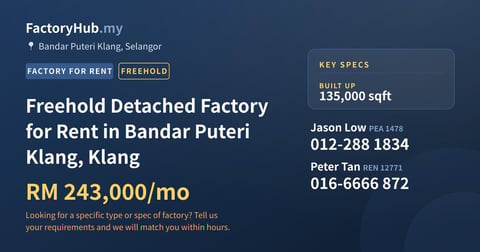 Factory For Rent - Freehold Detached Factory for Rent in Bandar Puteri Klang, Klang - Bandar Puteri Klang, Selangor