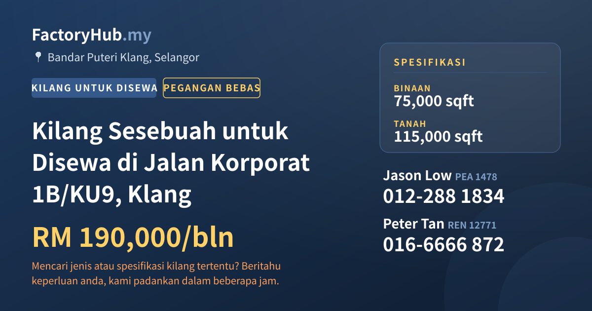 Kilang Untuk Disewa - Kilang Sesebuah untuk Disewa di Jalan Korporat 1B/KU9, Klang - Bandar Puteri Klang, Selangor