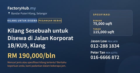 Kilang Untuk Disewa - Kilang Sesebuah untuk Disewa di Jalan Korporat 1B/KU9, Klang - Bandar Puteri Klang, Selangor