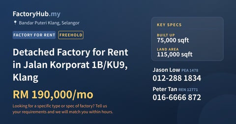 Factory For Rent - Detached Factory for Rent in Jalan Korporat 1B/KU9, Klang - Bandar Puteri Klang, Selangor