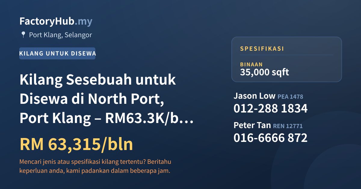 Kilang Untuk Disewa - Kilang Sesebuah untuk Disewa di North Port, Port Klang – RM63.3K/bln 35000kp - Port Klang, Selangor